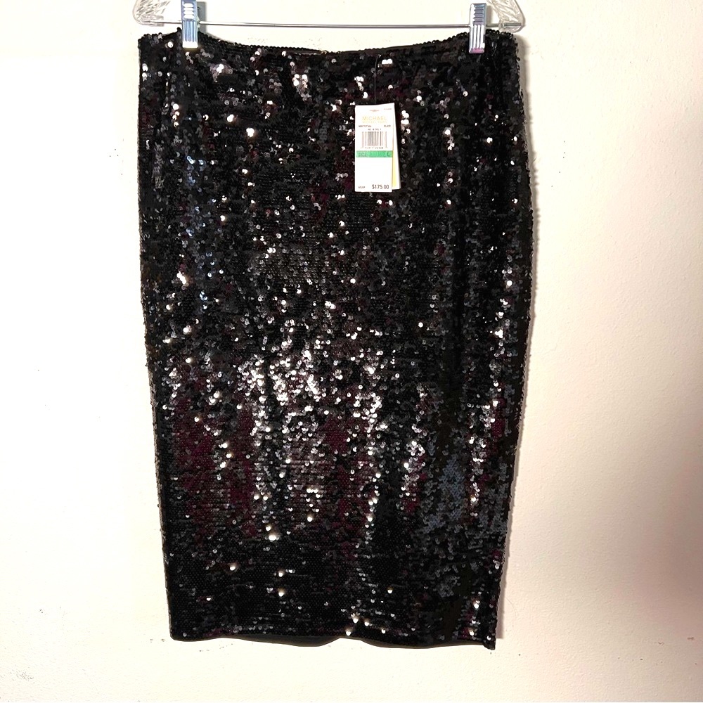 NWT Michael Kors Black Sequin Pencil Skirt with Slit and Zip Back